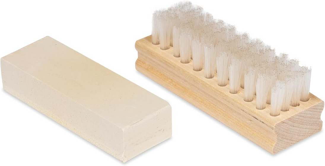 Professional suede maintenance system with eraser block and bristle brush designed to remove stains and restore nap on delicate materials