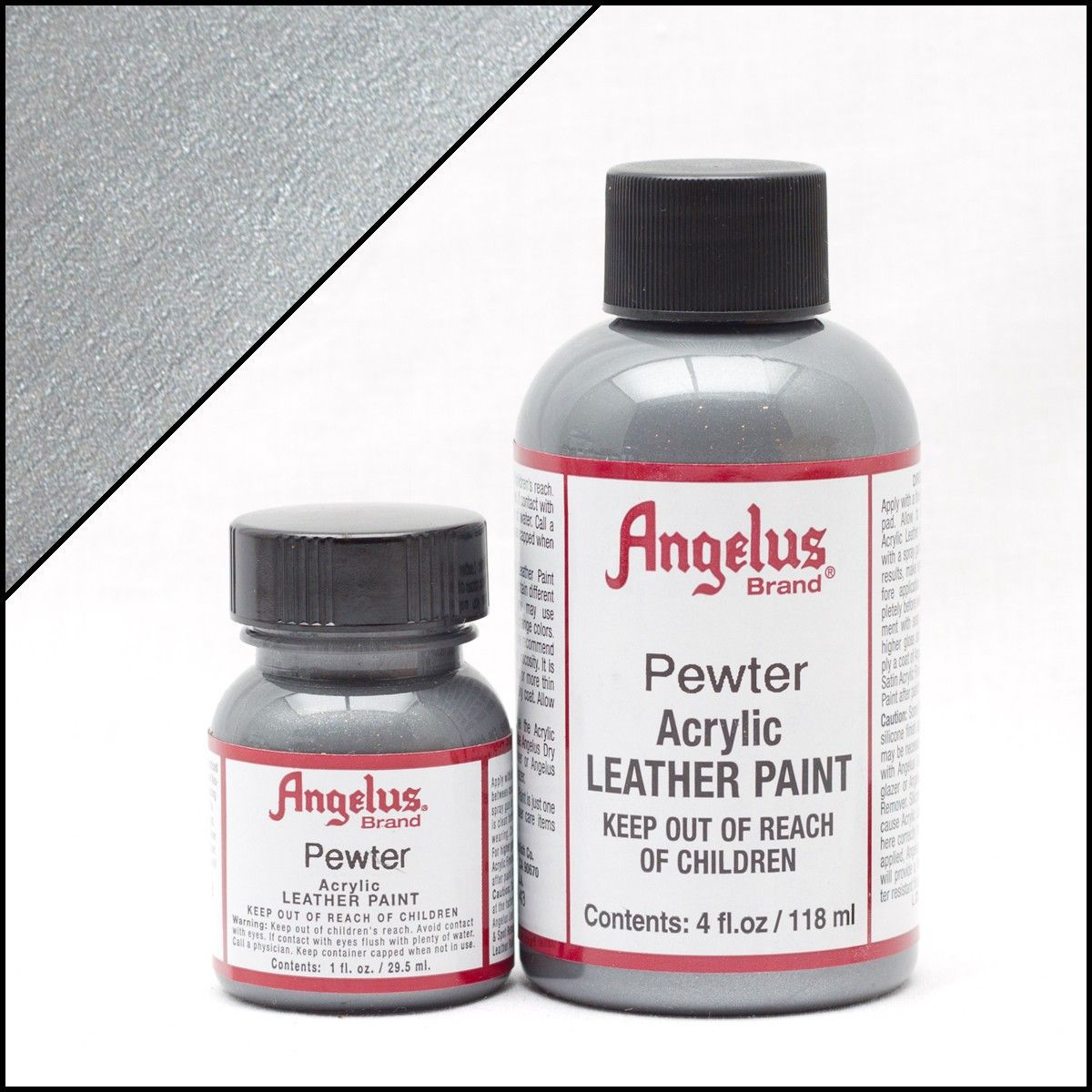 Swatch of Angelus Pewter 143 metallic paint showing gunmetal finish on leather