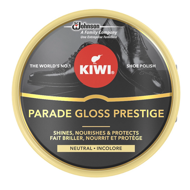Kiwi Parade Gloss Prestige Polish Tin 50ml for achieving military standard mirror-like finishes on formal footwear