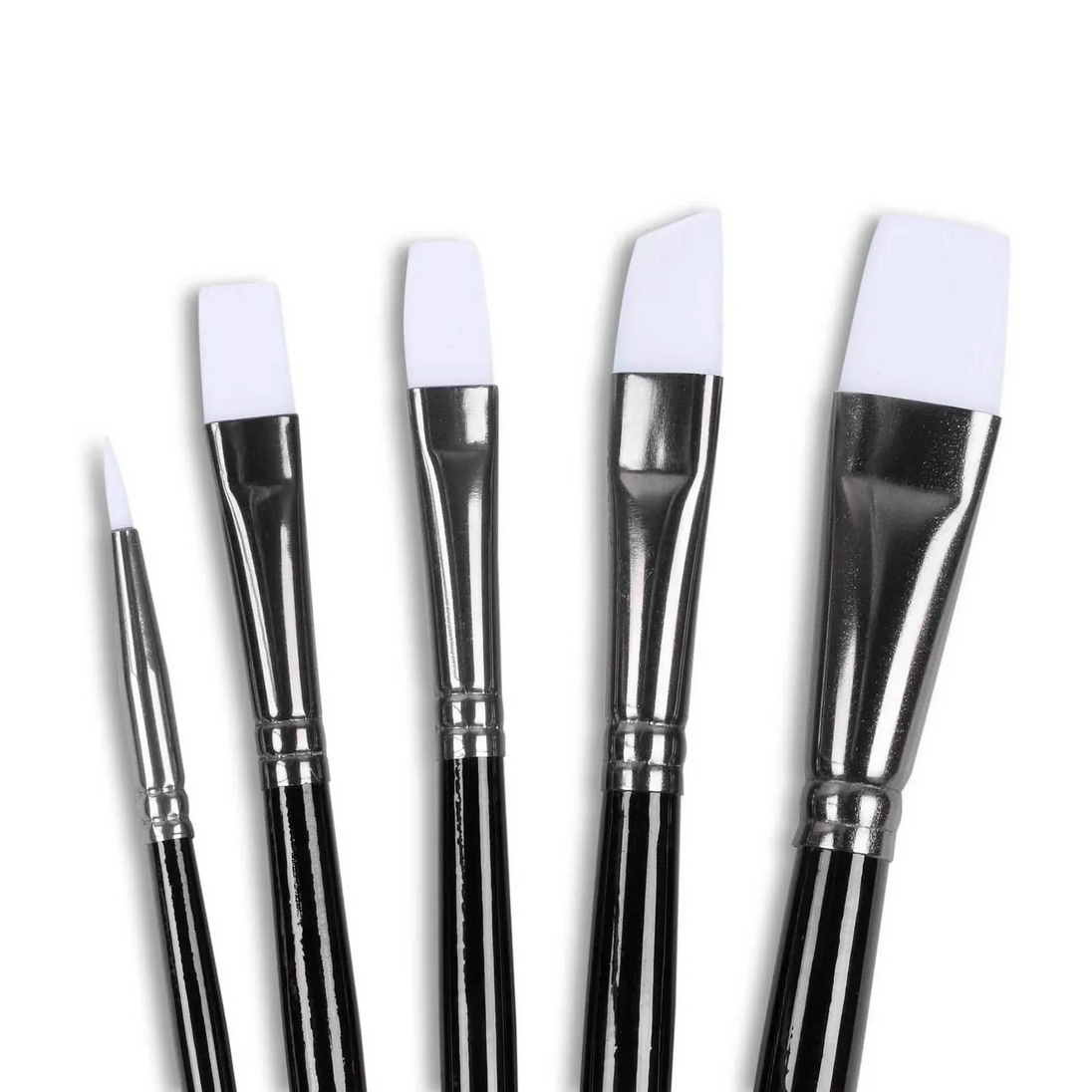 All five Angelus brushes from the set shown for different painting techniques on sneakers