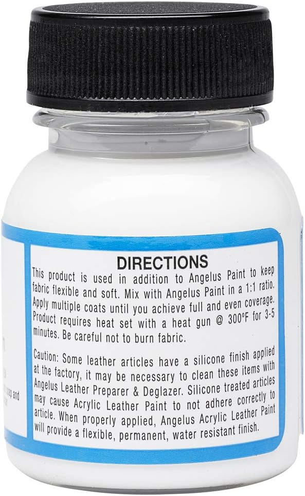 Mixing demonstration showing Angelus 2-Soft with paint creating flexible formula for custom jackets and sneaker projects