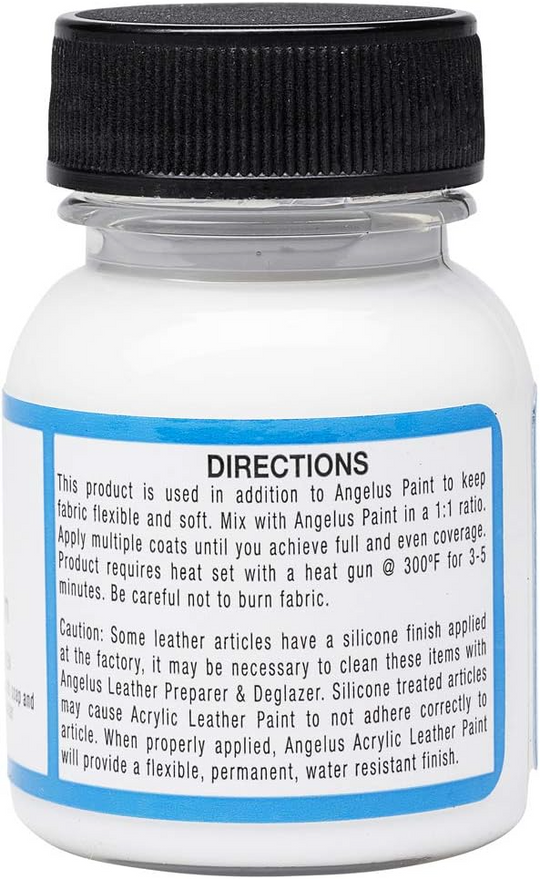 Mixing demonstration showing Angelus 2-Soft with paint creating flexible formula for custom jackets and sneaker projects