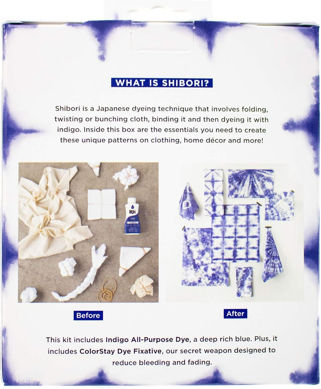Indigo Shibori kit includes authentic dye binding materials and detailed instructions for traditional patterns