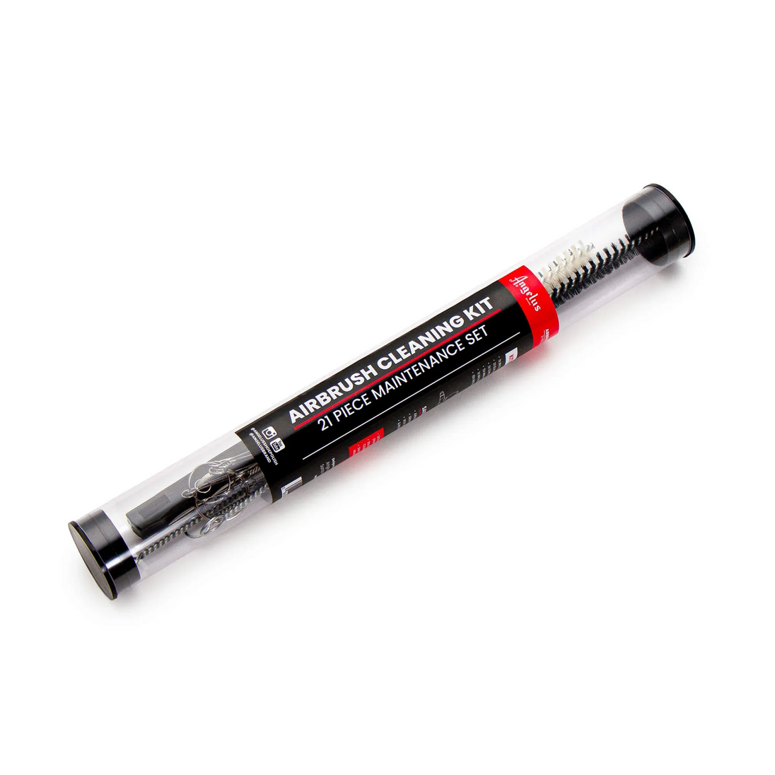 Contents display of Angelus Airbrush Cleaning Kit showing assorted needles brushes and maintenance tools included