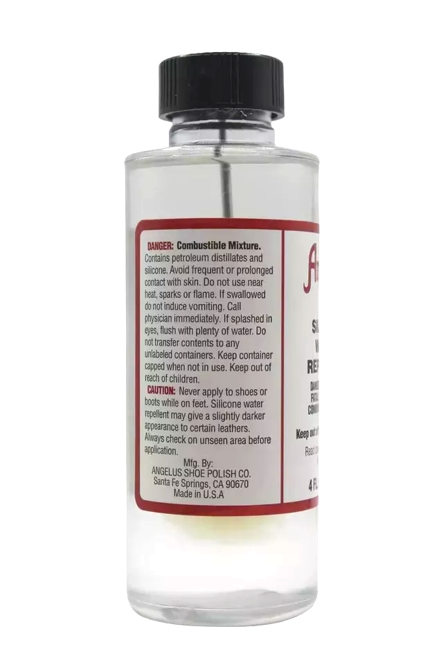 Close-up demonstration showing water beading effect on leather treated with Angelus Silicone Water Repellent spray