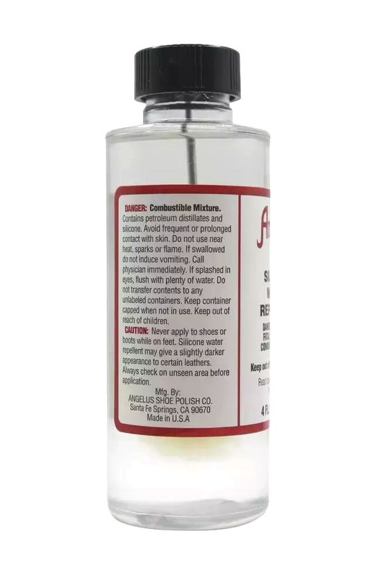 Close-up demonstration showing water beading effect on leather treated with Angelus Silicone Water Repellent spray