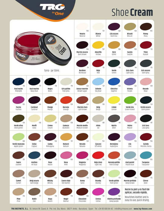 TRG professional shoe cream for leather conditioning and colour maintenance in a convenient 50ml dumpi jar container