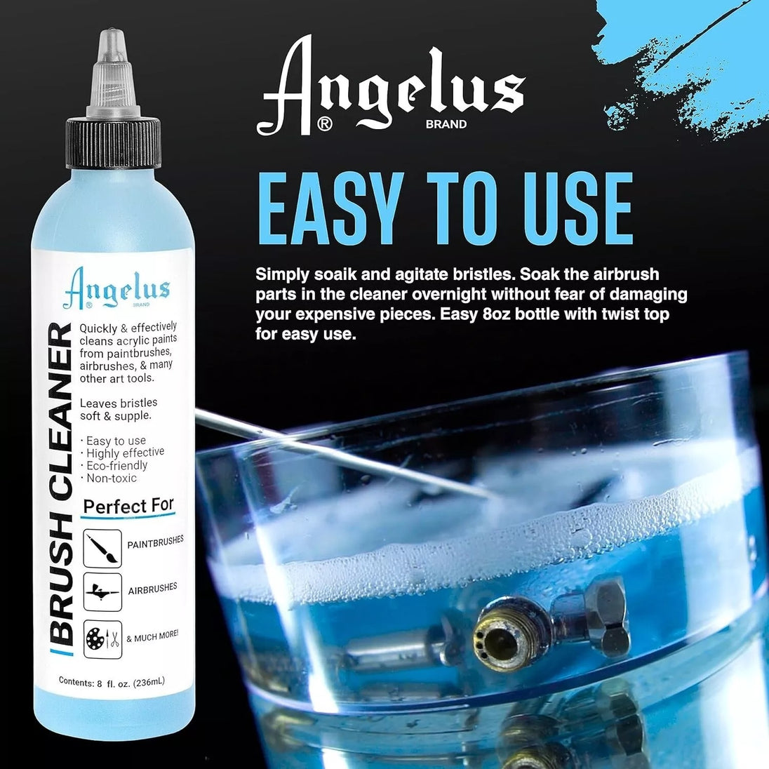The 8oz Angelus cleaner is specifically formulated to remove dried acrylic paint from brushes without damaging delicate brush fibres