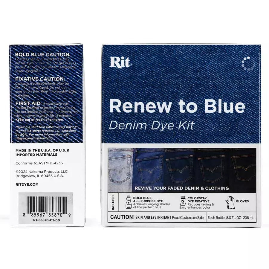 Rit Renew To Blue Dye Kit works on cotton polyester wool and blended fabrics for versatile colour renewal
