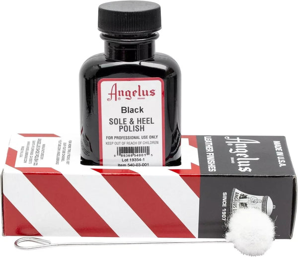 Angelus Black Sole & Heel Polish 3oz bottle for instant gloss finish on black leather shoe edges