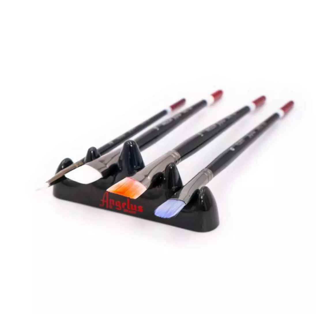 Angelus brush holder with different brush types organized for custom sneaker art projects