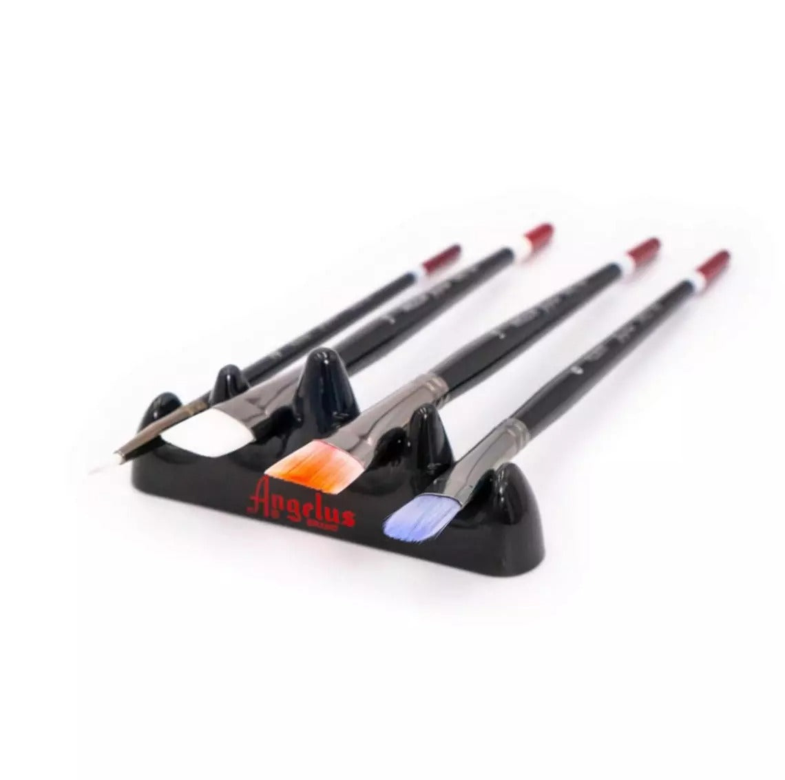 Angelus brush holder with different brush types organized for custom sneaker art projects
