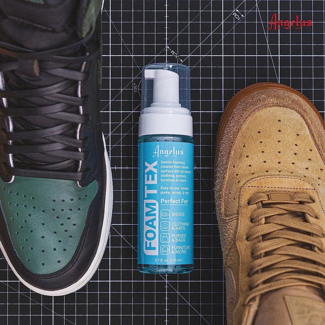 Angelus Foam-Tex cleaner pump action delivering controlled foam application for delicate shoe maintenance