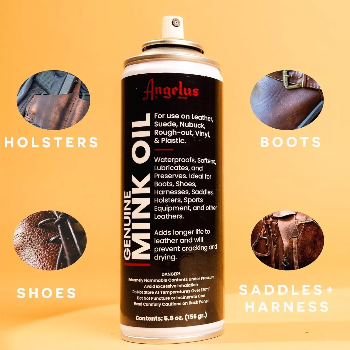 Detailed view of Angelus Mink Oil Spray penetrating leather fibres to prevent drying and cracking over time