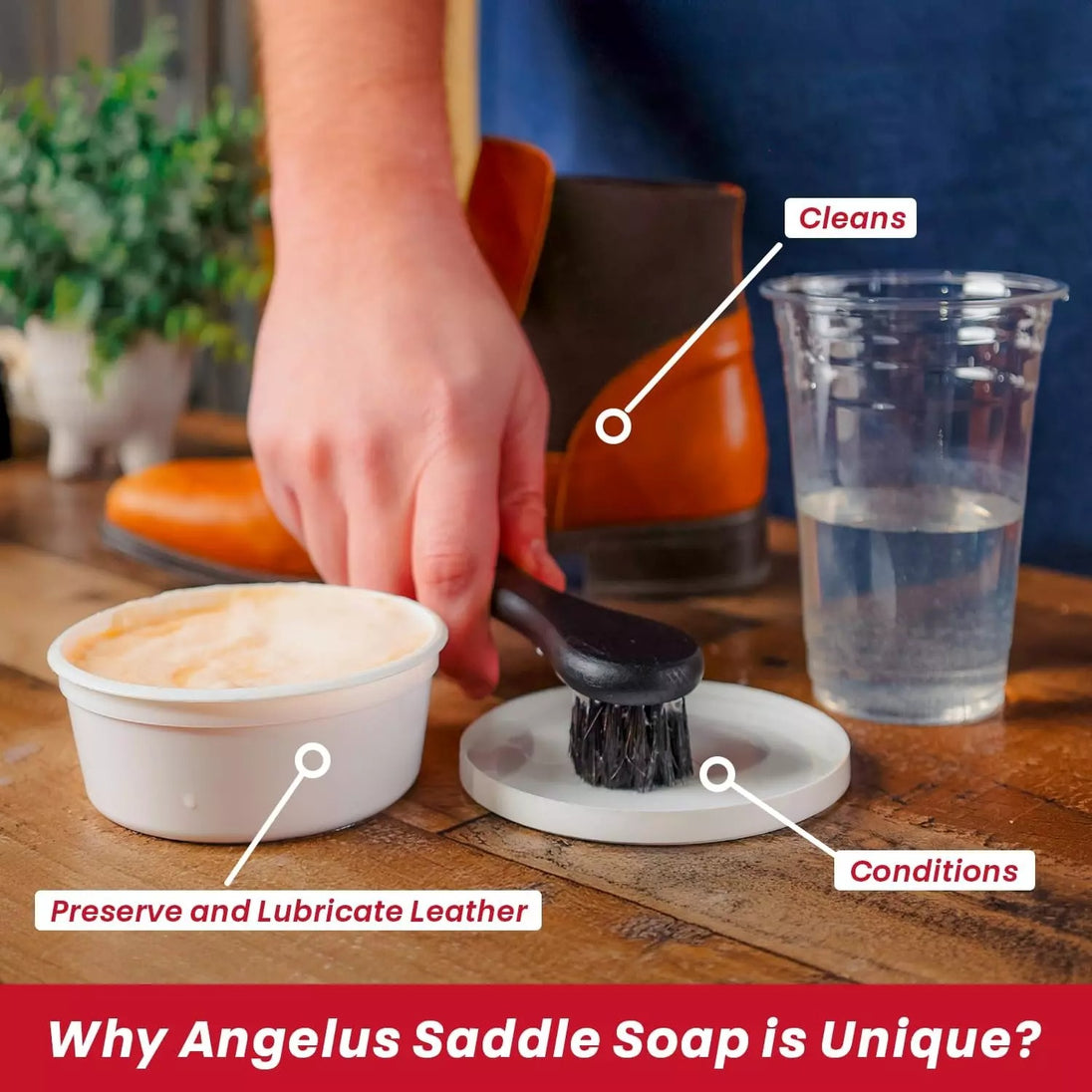 Traditional Angelus Saddle Soap application on riding tack and leather accessories for complete care