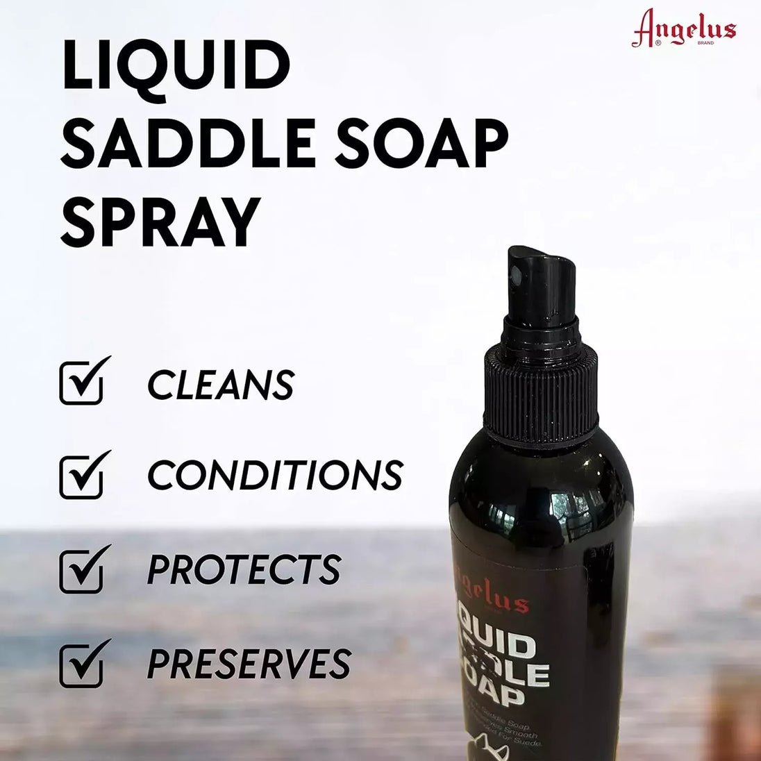 Close-up of Angelus Liquid Saddle Soap spray application on leather boots cleaning and polishing simultaneously