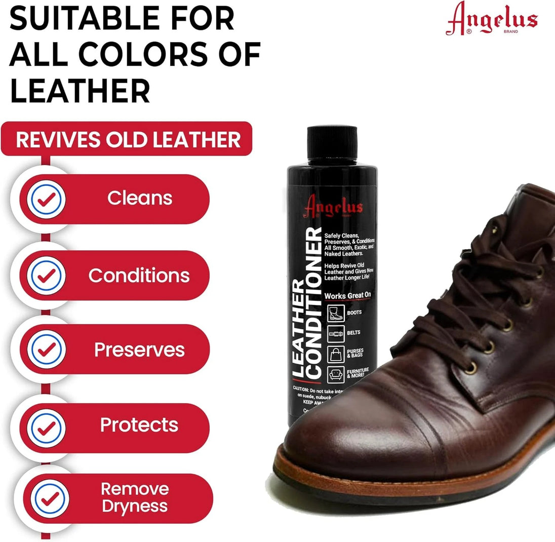 Before and after demonstration showing Angelus Leather Conditioner reviving old dry leather back to healthy condition