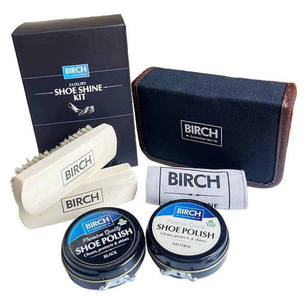 BIRCH Luxury Shoe Shine Kit in elegant fabric case provides complete care system for professional results