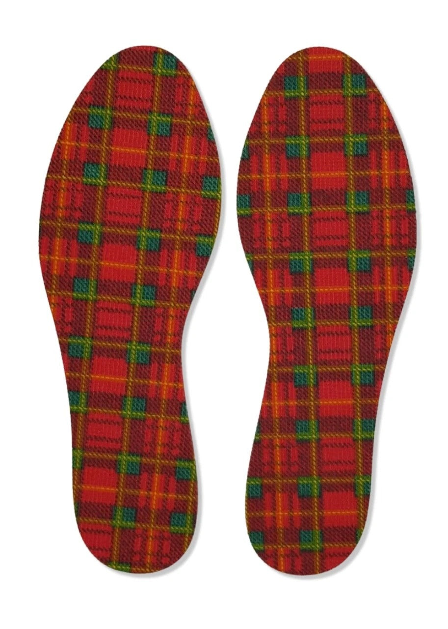Red and green plaid patterned insoles on a white background