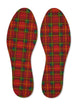 Red and green plaid patterned insoles on a white background
