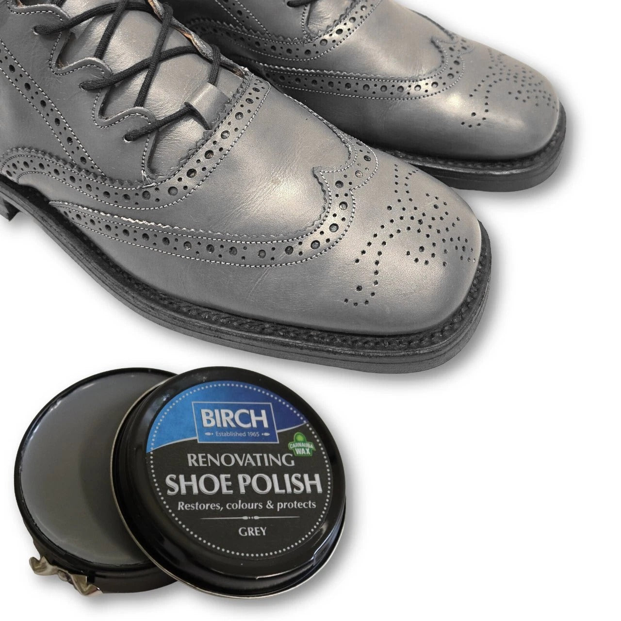 BIRCH Renovating Shoe Polish grey for colour restoration and leather conditioning