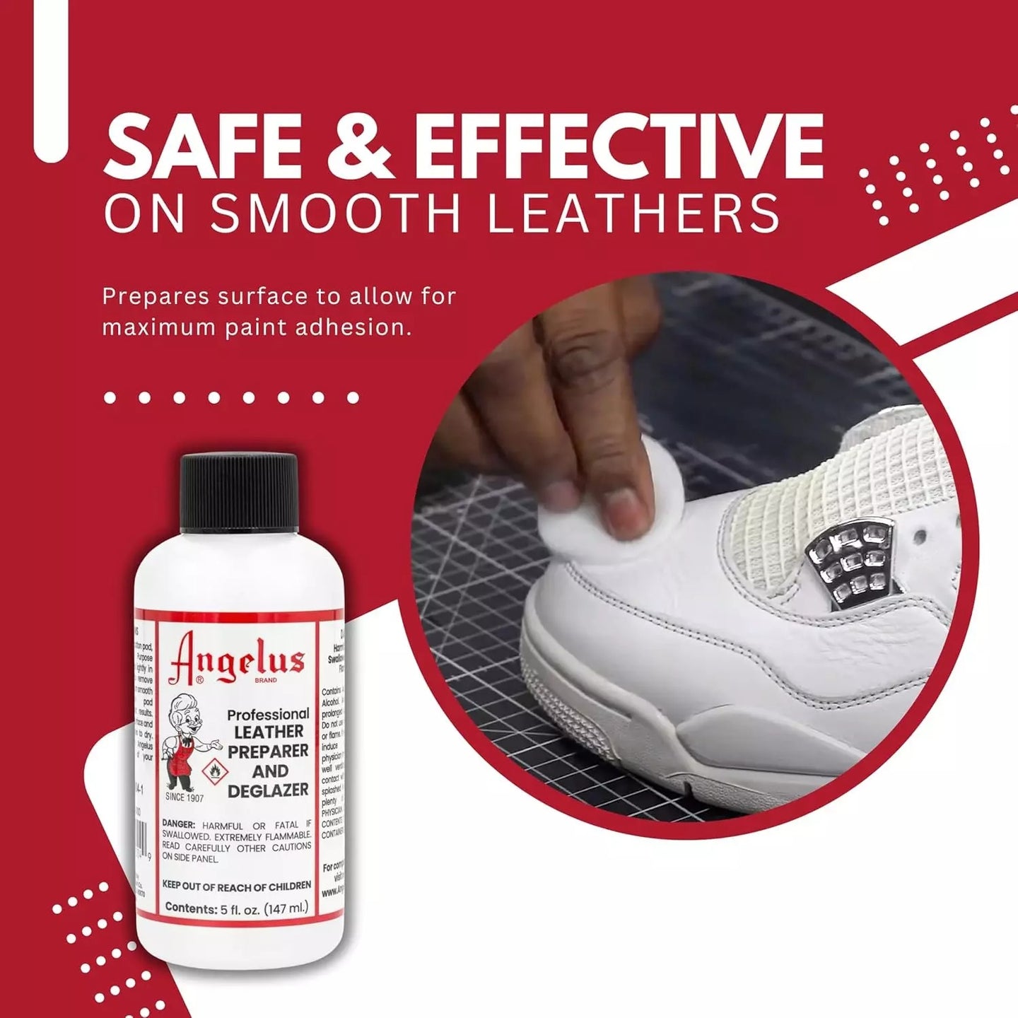 Using Angelus Leather Preparer & Deglazer to remove oils and finishes creating a perfect foundation for long-lasting custom sneaker designs