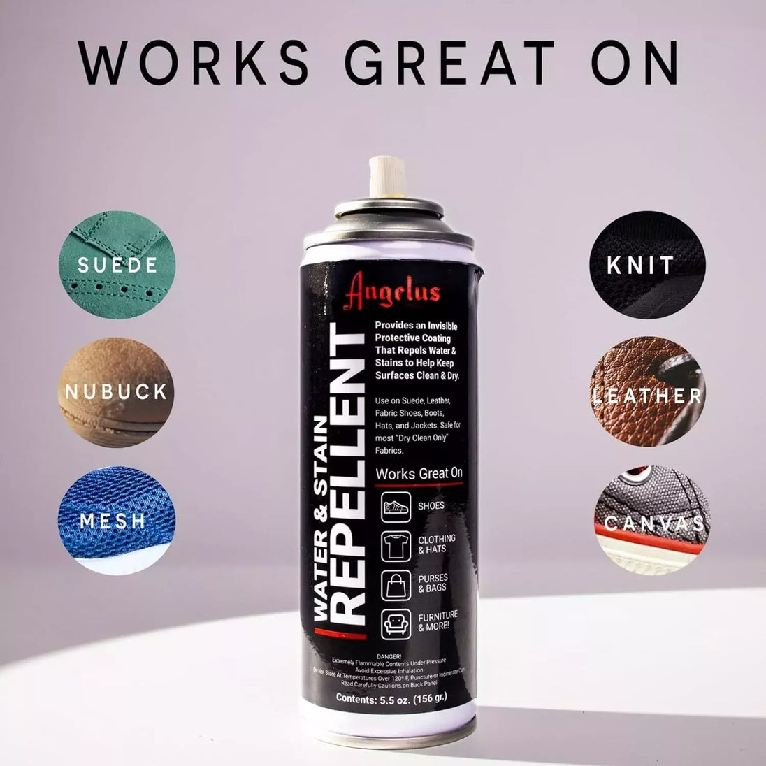 The 55oz Angelus repellent spray provides reliable dual-action defence repelling moisture and stains from multiple surface types