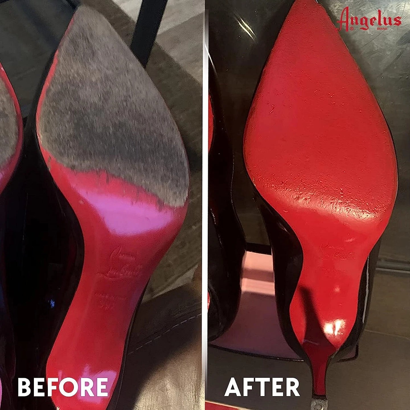 Close-up demonstration of Angelus Walk On Red paint coverage on shoe sole showing vibrant colour matching and durable finish
