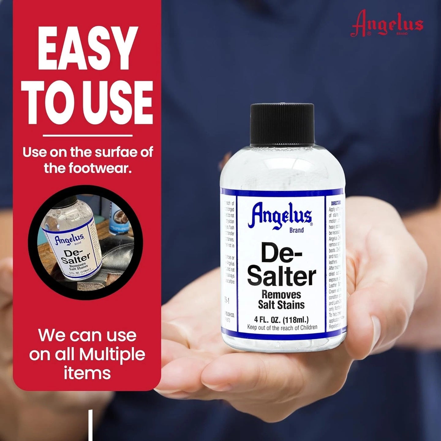 Angelus De-Salter application on salt-stained car seats and clothing removing white marks from various surfaces