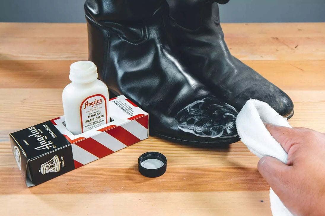 Before and after demonstration of Angelus Lustre Cream restoring and protecting various leather goods