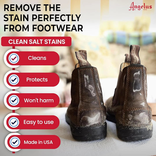 Before and after demonstration of Angelus De-Salter removing white salt marks from leather boots without damage