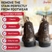Before and after demonstration of Angelus De-Salter removing white salt marks from leather boots without damage