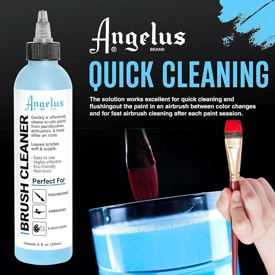 Use Angelus professional brush cleaner to restore your acrylic paint brushes to like-new condition ensuring consistent performance