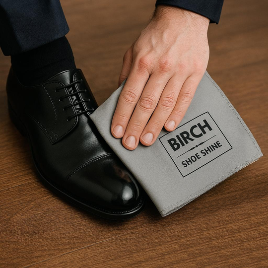 birch shoe polishing cloth used to polish formal mens black leather shoes after shoe polish