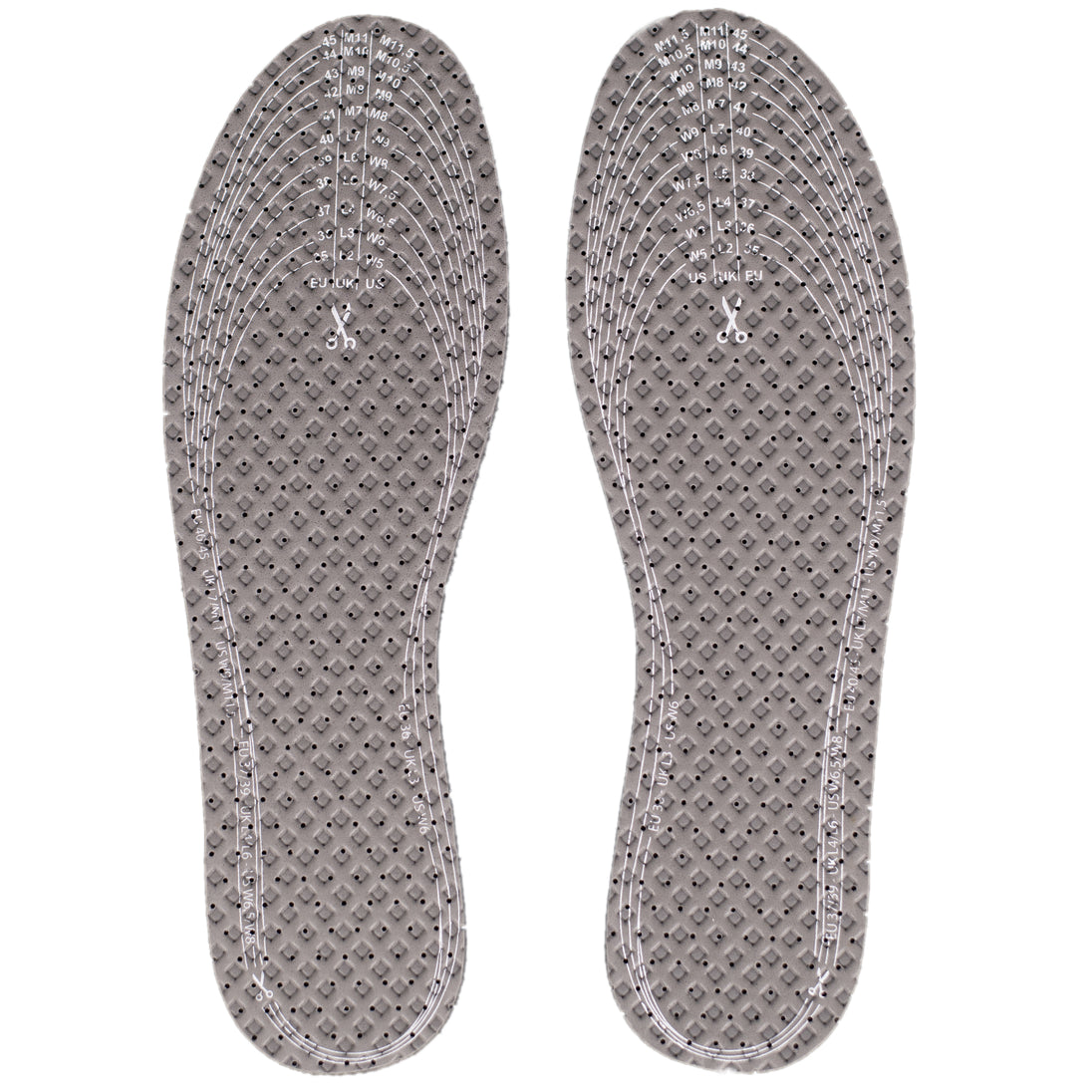 Customisable latex insoles showing anti-slip design and trim-to-fit edges