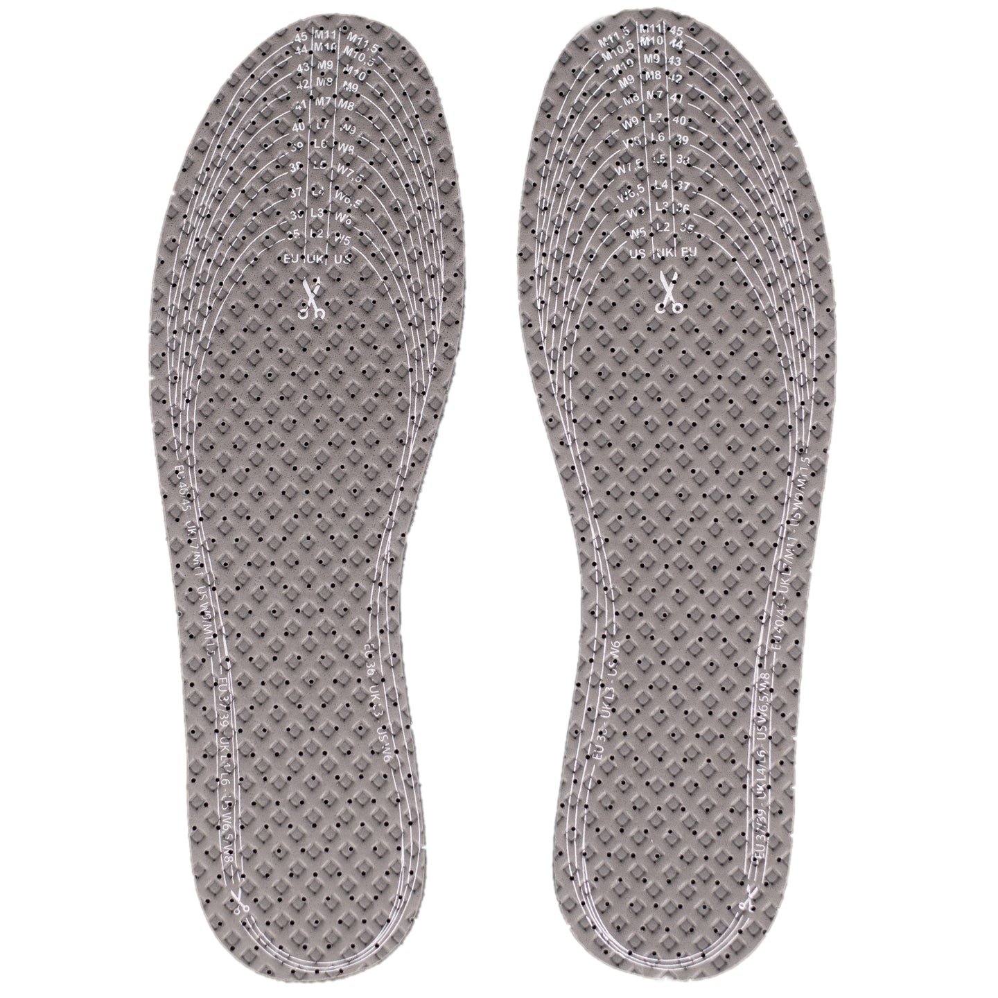 Customisable latex insoles showing anti-slip design and trim-to-fit edges