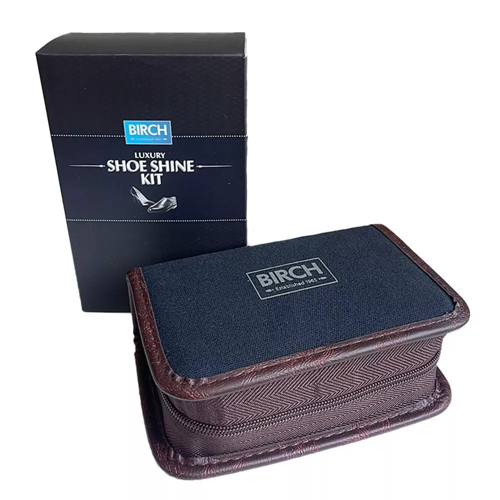 The stylish fabric case on BIRCH shine kit keeps products organised and protected perfectly