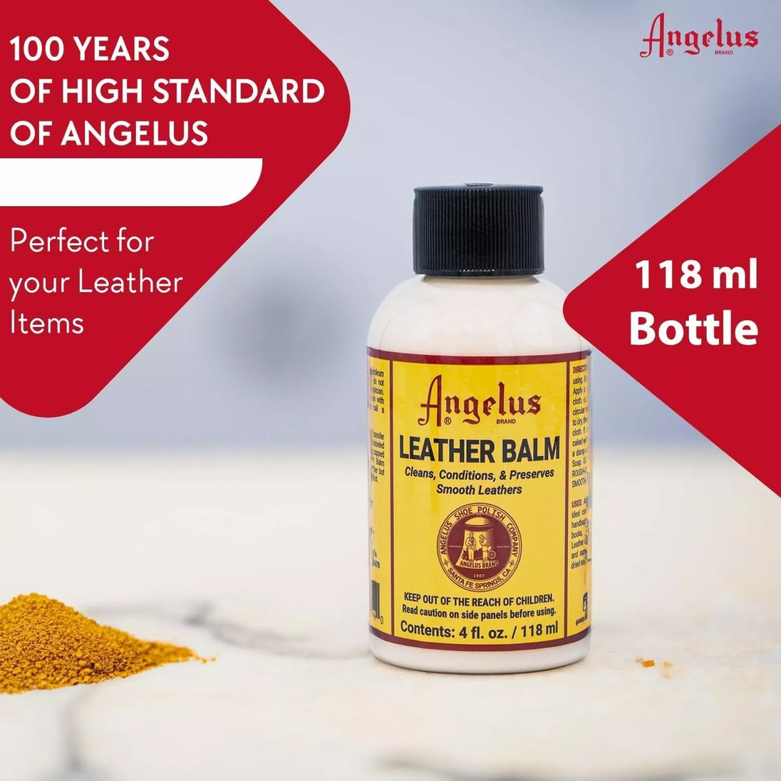 Time-tested Angelus Leather Balm preventing drying and cracking while nourishing leather with natural ingredients