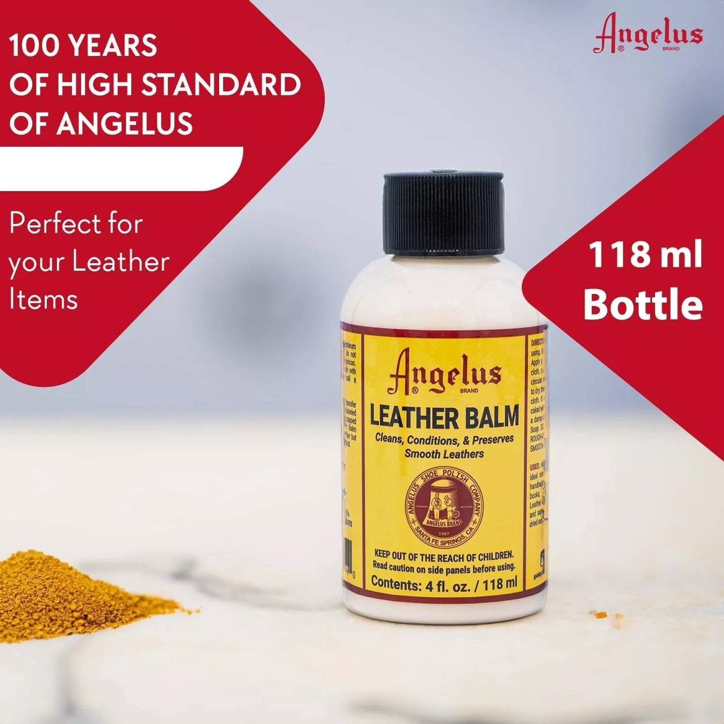 Time-tested Angelus Leather Balm preventing drying and cracking while nourishing leather with natural ingredients