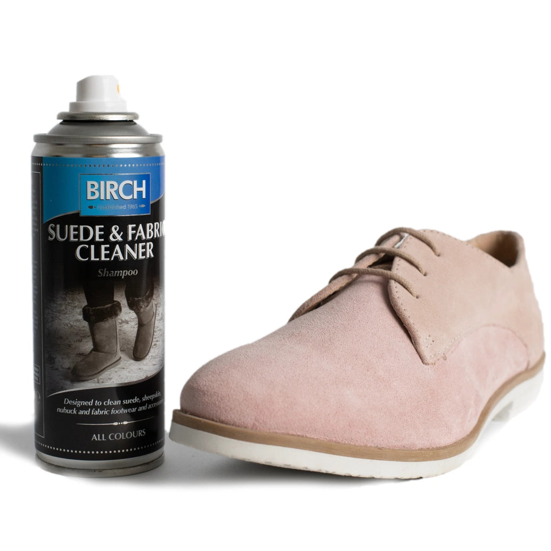 BIRCH Suede & Fabric Cleaner aerosol ensures even coverage for efficient application on delicate materials