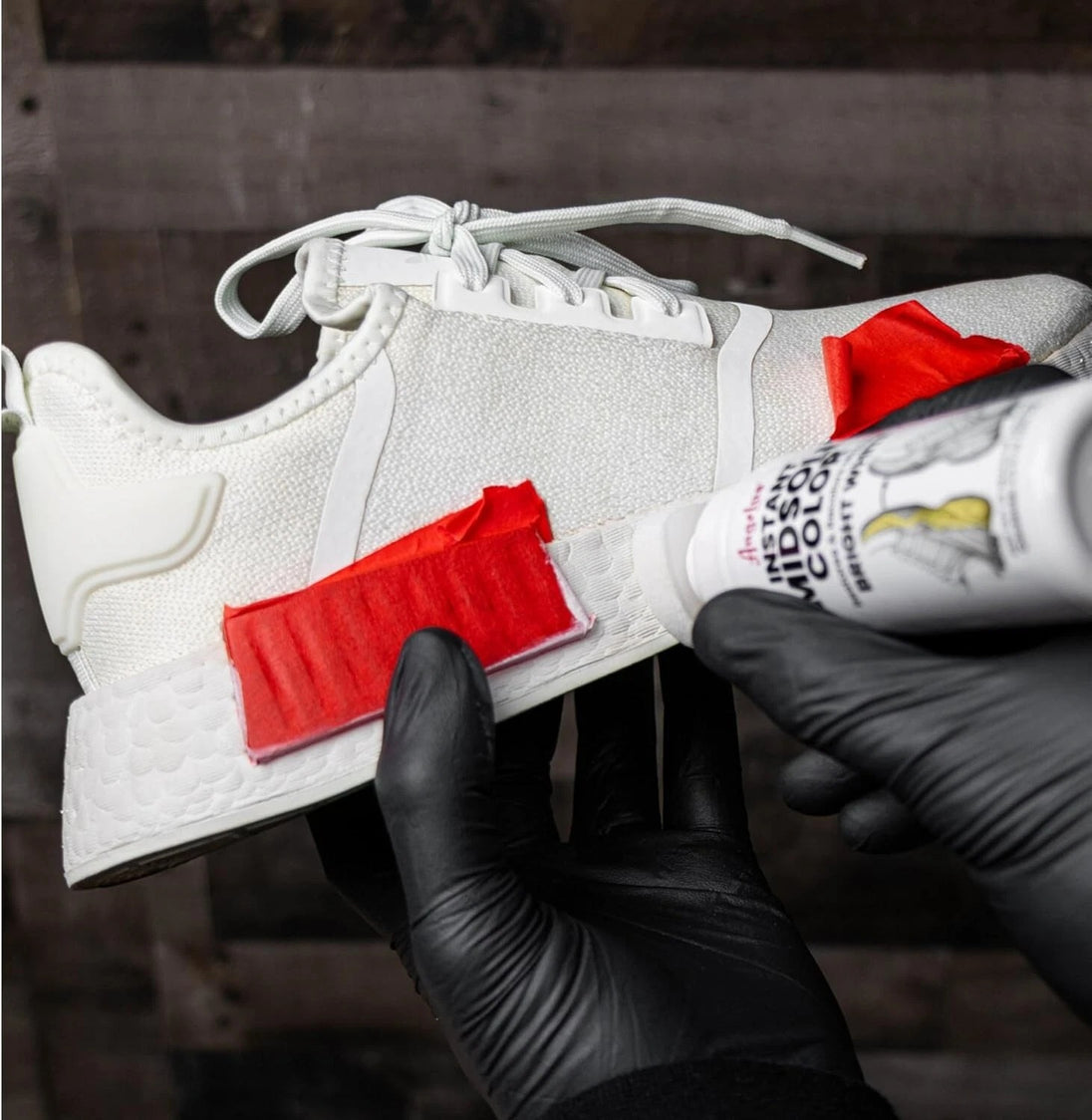 Before and after demonstration of Angelus Instant Midsole Colour restoring yellowed soles to bright white appearance