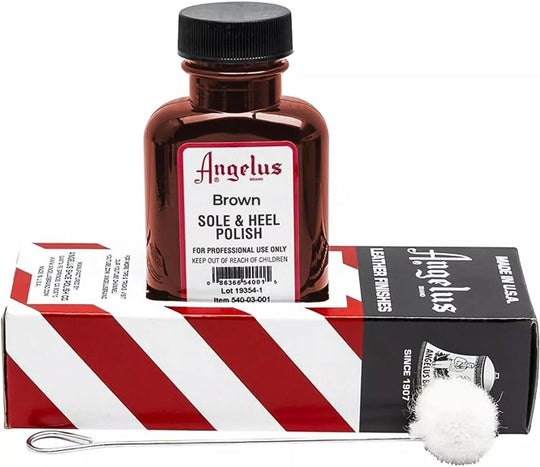 Angelus Brown Sole & Heel Polish 3oz bottle for restoring natural brown tone to leather shoe edges and heels