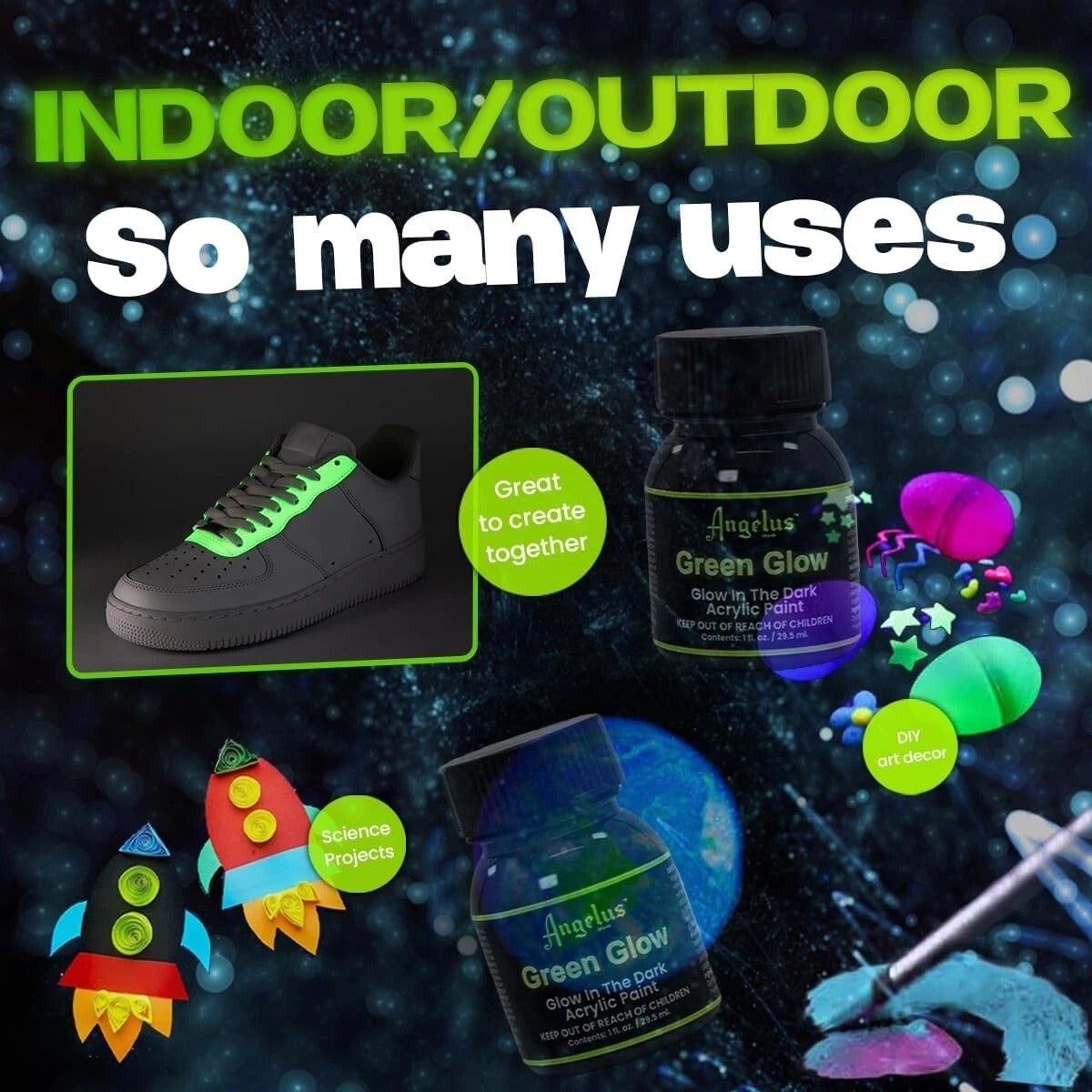 Multiple charging methods for Angelus Glow in the Dark paint including sunlight and artificial UV sources