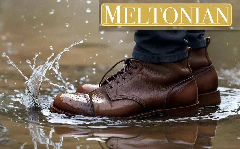 Aerosol application of Meltonian leather protector spray for even coverage on footwear guarding against water marks salt and everyday stains