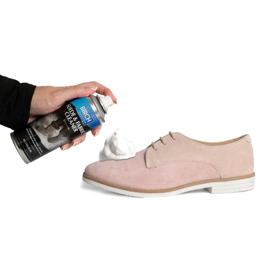 BIRCH cleaner features gentle formula that lifts dirt and stains from sensitive suede and fabric surfaces